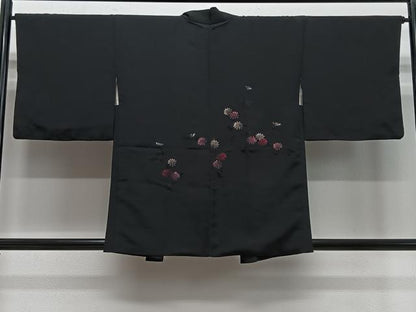 平和屋着物＃羽織　総刺繍　枝菊文　黒地　正絹　逸品　CABE5146ua