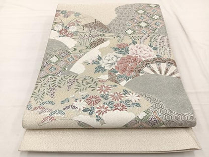 平和屋着物◎太鼓柄袋帯　綴れ　地紙花車文　銀彩　正絹　逸品　BAAX2241hv