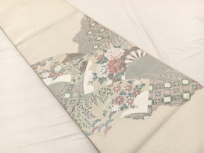 平和屋着物◎太鼓柄袋帯　綴れ　地紙花車文　銀彩　正絹　逸品　BAAX2241hv