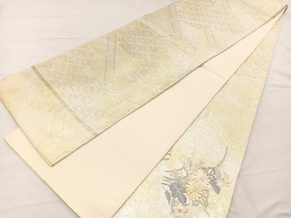 平和屋着物◎太鼓柄袋帯　刺繍　草花文　銀糸　正絹　逸品　BAAX2255hv