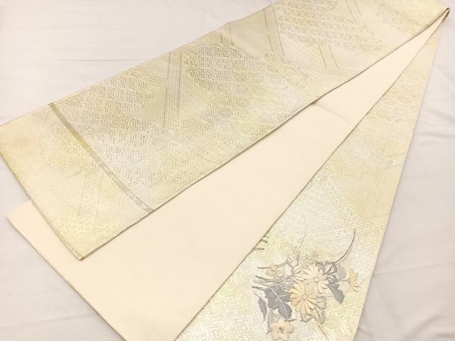 平和屋着物◎太鼓柄袋帯　刺繍　草花文　銀糸　正絹　逸品　BAAX2255hv