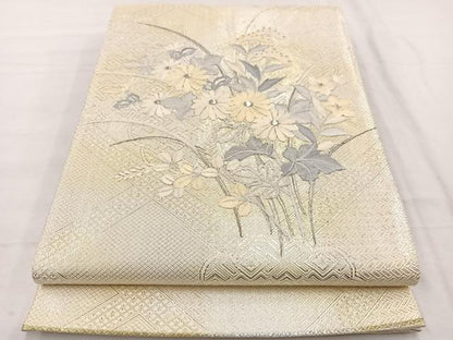 平和屋着物◎太鼓柄袋帯　刺繍　草花文　銀糸　正絹　逸品　BAAX2255hv