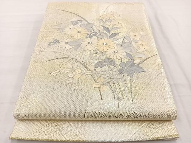 平和屋着物◎太鼓柄袋帯　刺繍　草花文　銀糸　正絹　逸品　BAAX2255hv