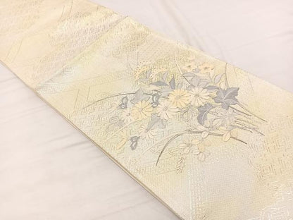 平和屋着物◎太鼓柄袋帯　刺繍　草花文　銀糸　正絹　逸品　BAAX2255hv