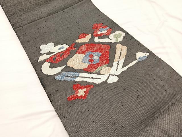 平和屋着物◎八寸名古屋帯　紬地　花菱文　銀糸　正絹　逸品　BAAX2259hv