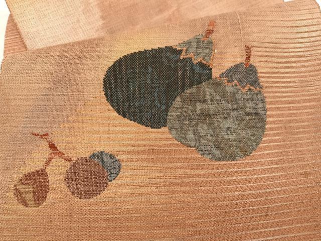 平和屋着物▽太鼓柄　京袋帯　スリーシーズン　春夏秋　紬地　成り物　金糸　正絹　逸品　BAAX2262hv