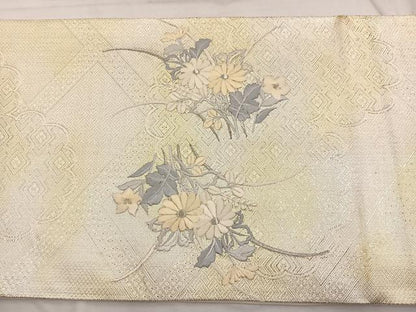 平和屋着物◎太鼓柄袋帯　刺繍　草花文　銀糸　正絹　逸品　BAAX2255hv