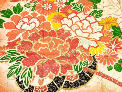 平和屋着物∵女の子　十三参り　子供　祝着・長襦袢(無双仕立て・半衿刺繍)セット　駒刺繍　花車文　暈し染め　金彩　逸品　DABE7029ma