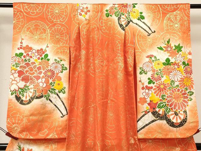 平和屋着物∵女の子　十三参り　子供　祝着・長襦袢(無双仕立て・半衿刺繍)セット　駒刺繍　花車文　暈し染め　金彩　逸品　DABE7029ma