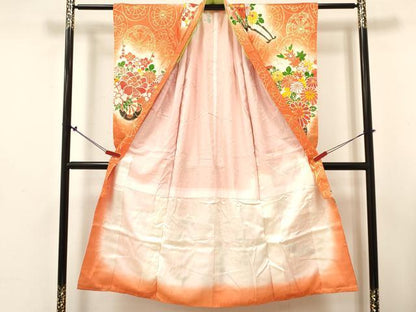 平和屋着物∵女の子　十三参り　子供　祝着・長襦袢(無双仕立て・半衿刺繍)セット　駒刺繍　花車文　暈し染め　金彩　逸品　DABE7029ma