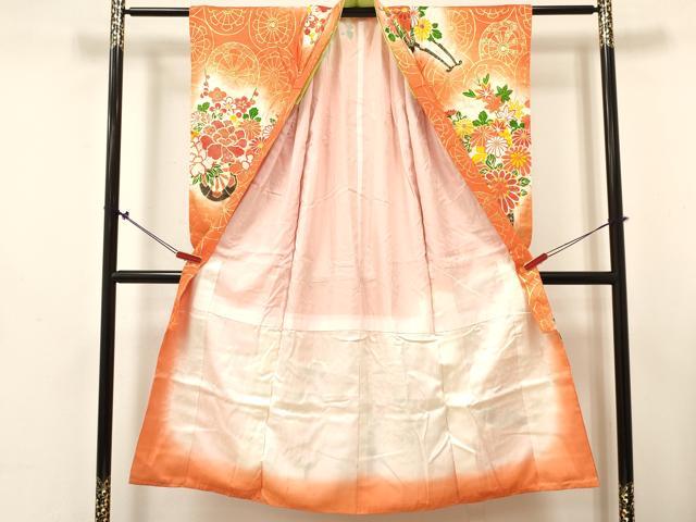 平和屋着物∵女の子　十三参り　子供　祝着・長襦袢(無双仕立て・半衿刺繍)セット　駒刺繍　花車文　暈し染め　金彩　逸品　DABE7029ma