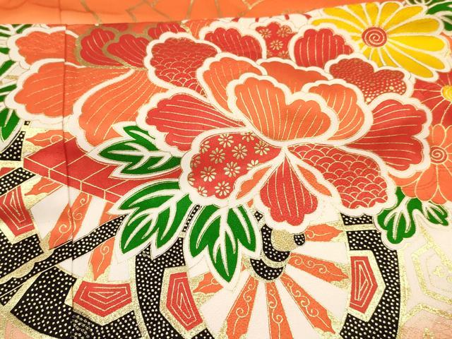 平和屋着物∵女の子　十三参り　子供　祝着・長襦袢(無双仕立て・半衿刺繍)セット　駒刺繍　花車文　暈し染め　金彩　逸品　DABE7029ma