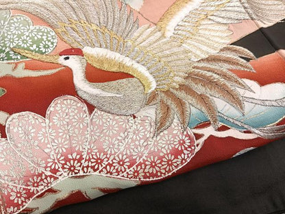 平和屋着物■豪華黒留袖 刺繍 松飛鶴文 金銀彩 正絹 逸品 BAAX2040hv