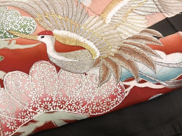 平和屋着物■豪華黒留袖 刺繍 松飛鶴文 金銀彩 正絹 逸品 BAAX2040hv