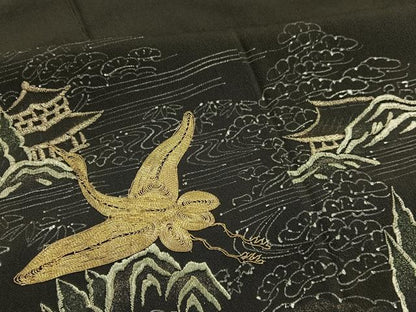 平和屋着物■豪華黒留袖　手描き　駒刺繍　飛鶴風景文　銀彩　正絹　逸品　BAAX2053hv