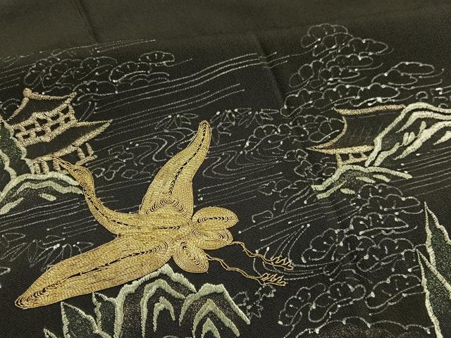 平和屋着物■豪華黒留袖　手描き　駒刺繍　飛鶴風景文　銀彩　正絹　逸品　BAAX2053hv