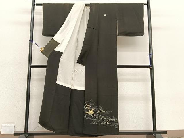 平和屋着物■豪華黒留袖　手描き　駒刺繍　飛鶴風景文　銀彩　正絹　逸品　BAAX2053hv