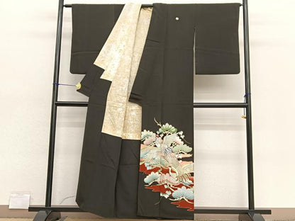 平和屋着物■豪華黒留袖 刺繍 松飛鶴文 金銀彩 正絹 逸品 BAAX2040hv