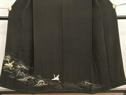 平和屋着物■豪華黒留袖　手描き　駒刺繍　飛鶴風景文　銀彩　正絹　逸品　BAAX2053hv