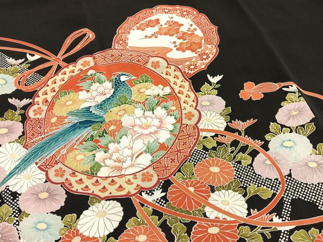 平和屋着物●豪華黒留袖　友禅　作家物　花鳥文　正絹　逸品　AABF5440fy 平和屋着物□豪華黒留袖 友禅 作家物 鏡裏花鳥文 正絹 逸品