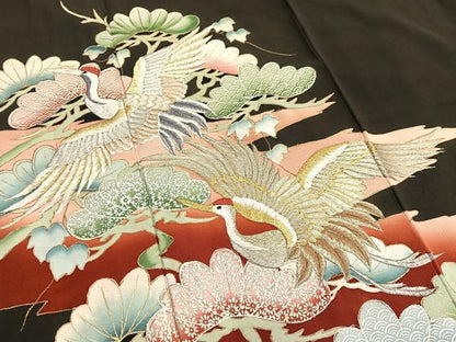 平和屋着物■豪華黒留袖 刺繍 松飛鶴文 金銀彩 正絹 逸品 BAAX2040hv