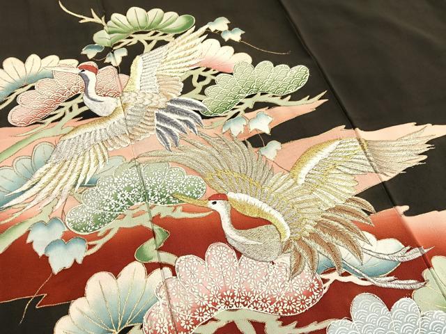 平和屋着物■豪華黒留袖 刺繍 松飛鶴文 金銀彩 正絹 逸品 BAAX2040hv