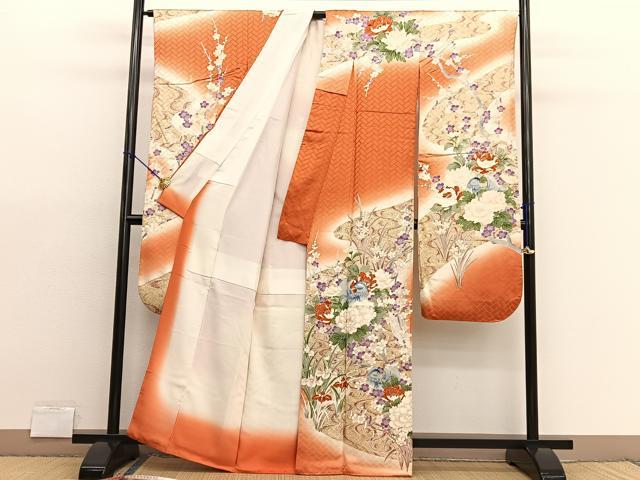 平和屋着物●豪華振袖　紅型　流水花文　正絹　逸品　DABA4923az 平和屋着物○本場琉球紅型 訪問着 流水花鳥文 正絹 逸品 AAAU8131zg