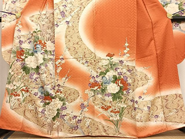 平和屋着物●豪華振袖　紅型　風景鴛鴦花蝶文　暈し染め　正絹　逸品　AABE7753ck 平和屋着物□豪華振袖 流水鴛鴦花文 暈し染め 金彩 正絹 逸品