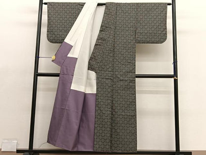 平和屋着物■上質なお召 菱文様 黒地 正絹 逸品 BAAX2065hv