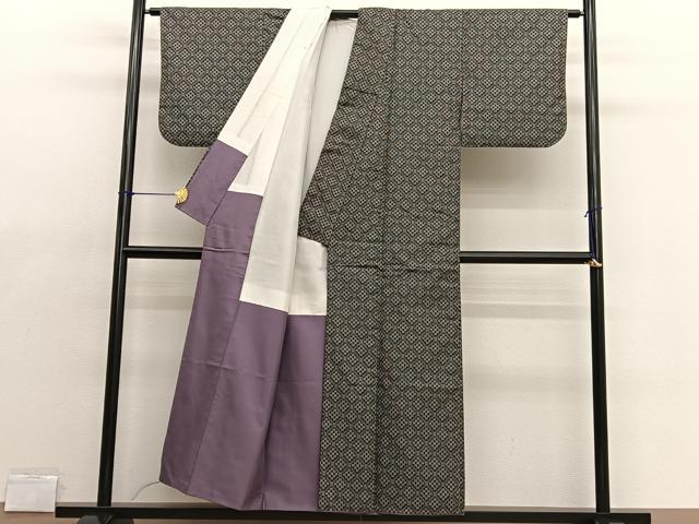 平和屋着物■上質なお召 菱文様 黒地 正絹 逸品 BAAX2065hv