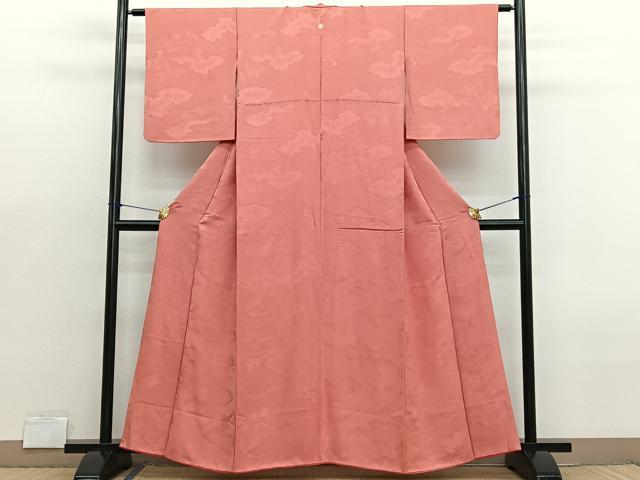 平和屋着物□上質な色無地 雲取り渡橋地紋 鉛丹色 正絹