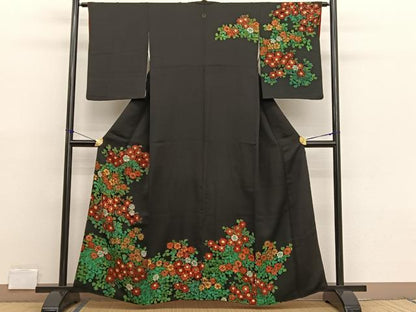 平和屋着物■訪問着　手描き　草花文　ろうけつ染め　黒地　正絹　逸品　BAAX2189hv