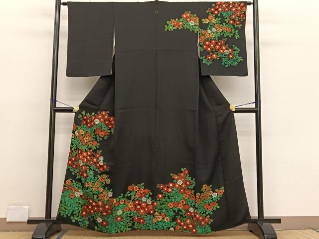 平和屋着物■訪問着　手描き　草花文　ろうけつ染め　黒地　正絹　逸品　BAAX2189hv