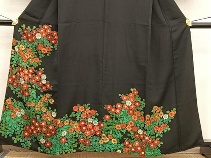 平和屋着物■訪問着　手描き　草花文　ろうけつ染め　黒地　正絹　逸品　BAAX2189hv