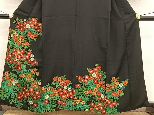 平和屋着物■訪問着　手描き　草花文　ろうけつ染め　黒地　正絹　逸品　BAAX2189hv
