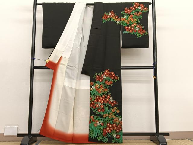 平和屋着物■訪問着　手描き　草花文　ろうけつ染め　黒地　正絹　逸品　BAAX2189hv