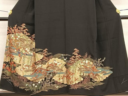 平和屋着物■豪華黒留袖 駒刺繍 御所車雲取り花文 金彩 正絹 逸品 未使用 BAAX2197hv