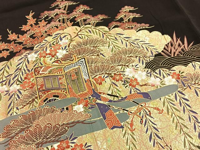 平和屋着物■豪華黒留袖 駒刺繍 御所車雲取り花文 金彩 正絹 逸品 未使用 BAAX2197hv
