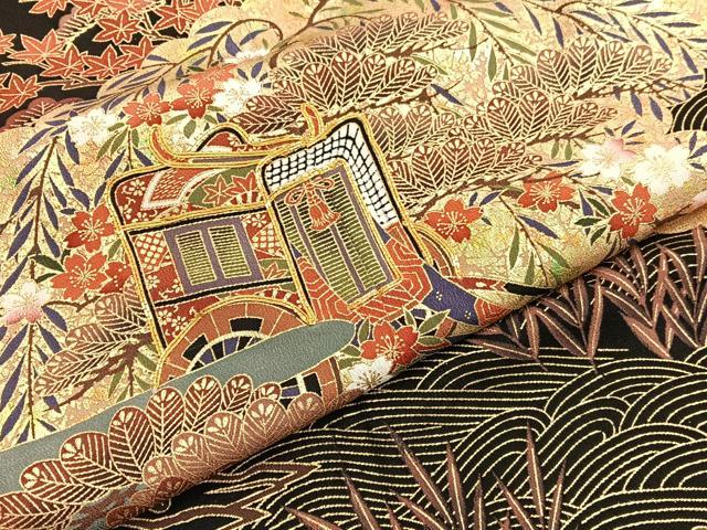 平和屋着物■豪華黒留袖 駒刺繍 御所車雲取り花文 金彩 正絹 逸品 未使用 BAAX2197hv