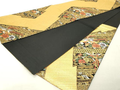平和屋着物◎六通柄袋帯 唐織 花鳥文 宝尽くし 黒地 金糸 正絹 逸品 DABE7857cd