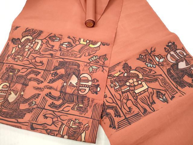 平和屋着物▼塩瀬 名古屋帯 帯反物 ろうけつ染め 狩猟文 逸品 DABE3297we