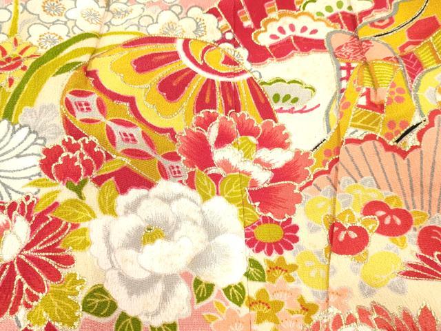 平和屋着物[]アンティーク　大正ロマン　七五三　女の子　３歳　祝着　三つ身　駒刺繍　折り鶴　檜扇鞠花文　金彩　逸品　DABE7041ma