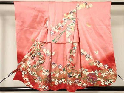 平和屋着物[]七五三 女の子 ３歳 祝着 三つ身 鞠花蝶文 暈し染め 金彩 逸品 DABE7042ma