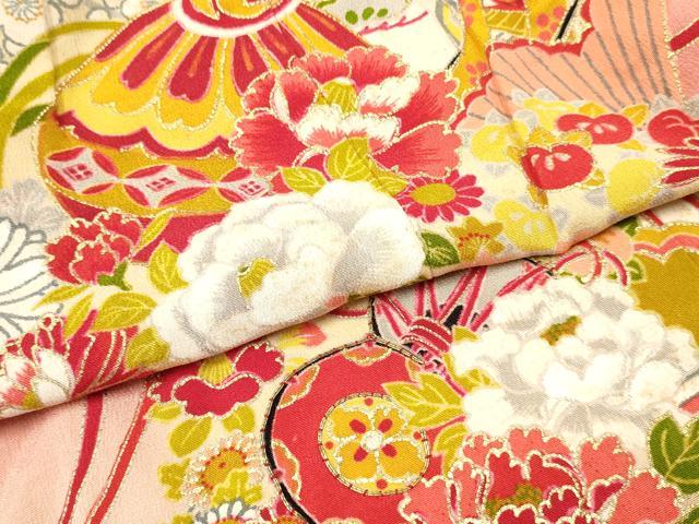 平和屋着物[]アンティーク　大正ロマン　七五三　女の子　３歳　祝着　三つ身　駒刺繍　折り鶴　檜扇鞠花文　金彩　逸品　DABE7041ma
