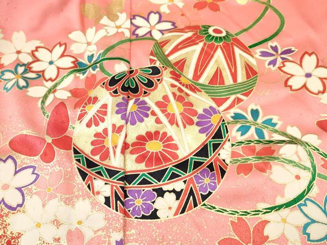 平和屋着物[]七五三　女の子　３歳　祝着　三つ身　鞠花蝶文　暈し染め　金彩　逸品　DABE7042ma