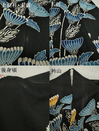 平和屋着物●豪華振袖　紅型　草花文　黒地　鬼しぼ縮緬　鈴乃屋扱い　正絹　逸品　AABI2477ck
