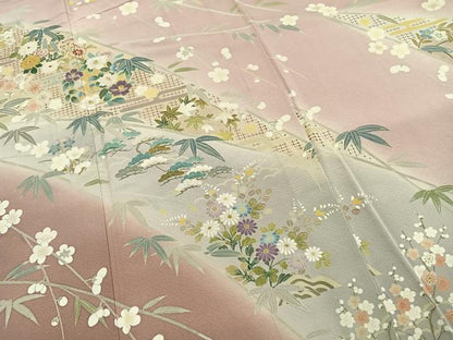 平和屋着物●訪問着　作家物　中国三大刺繍　汕頭刺繍　スワトウ刺繍　草花文　暈し染め　金糸　正絹　逸品　AABI1341fy