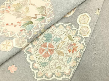 平和屋着物●訪問着　蘇州刺繍　亀甲花鳥文　暈し染め　正絹　逸品　AABI1340fy