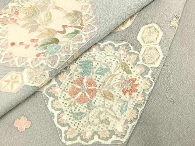 平和屋着物●訪問着　蘇州刺繍　亀甲花鳥文　暈し染め　正絹　逸品　AABI1340fy