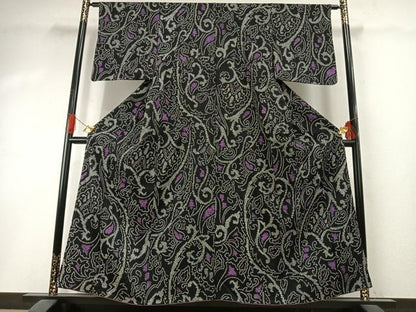 平和屋着物●上質な小紋　総絞り　唐草花文　黒地　正絹　逸品　AABI1337fy
